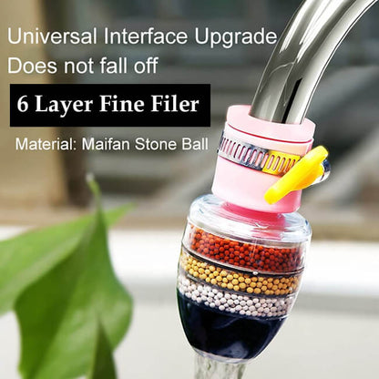 Faucet filter with colorful beads and text about its features.