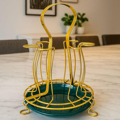 Luxury Gold Metal Cup & Glass Holder with Drip Tray Countertop Organizer