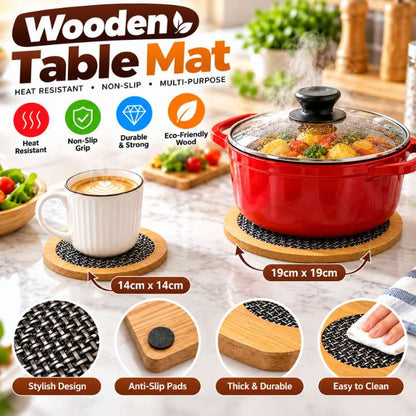 Round Wooden Table Mat Heat Resistant Pot Holder & Non-Slip Coaster | Wooden Trivet Heat Pad for Hot Dishes, Pots, Pans, Cups & Kitchen Counter Protection