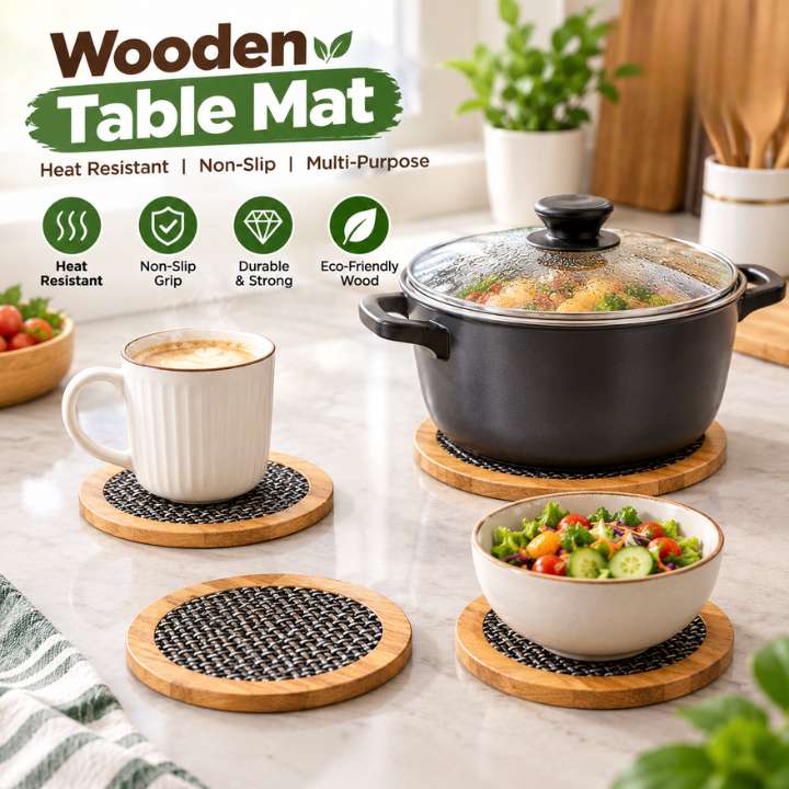 Round Wooden Table Mat Heat Resistant Pot Holder & Non-Slip Coaster | Wooden Trivet Heat Pad for Hot Dishes, Pots, Pans, Cups & Kitchen Counter Protection