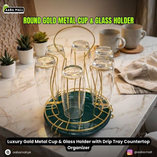 Luxury Gold Metal Cup & Glass Holder with Drip Tray Countertop Organizer