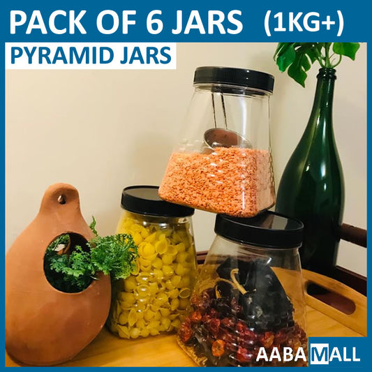Large PYRAMID JAR Pack of 6 Jars for Kitchen - 1 KG STORAGE JARS SET / Candy JAR RACK Storage FOOD GRADE plastic Jar With lid In Pakistan
