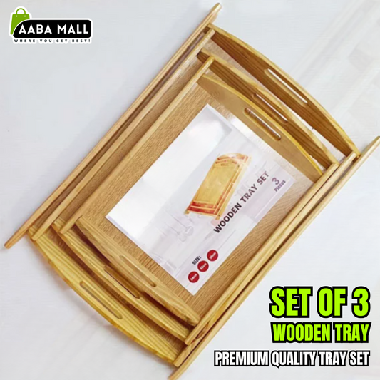 Set of three wooden trays with a product card on a white background, branded as Aaba Mall.