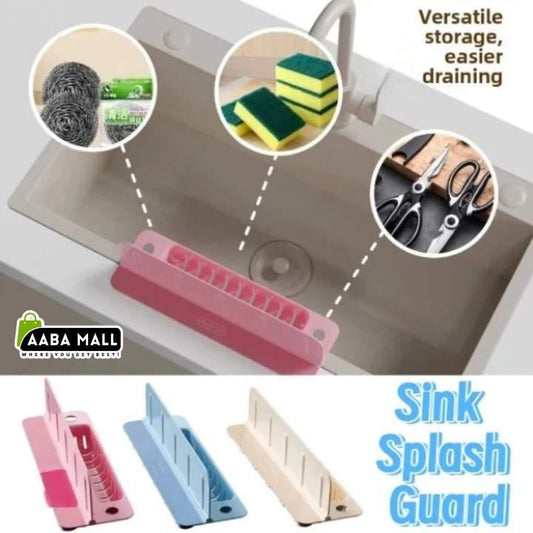 Sink splash guard with cleaning supplies and text highlighting features, AABA MALL branding visible.