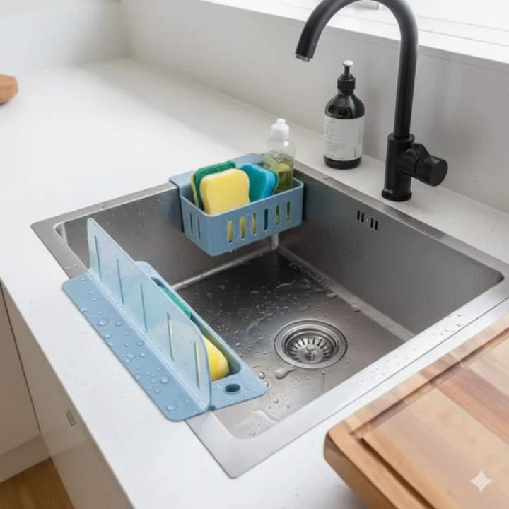 Kitchen sink with dish rack, sponge, and soap on a white countertop.