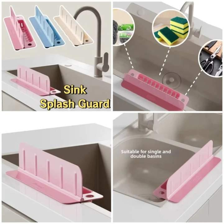 Collage of a pink sink splash guard with different views and uses.