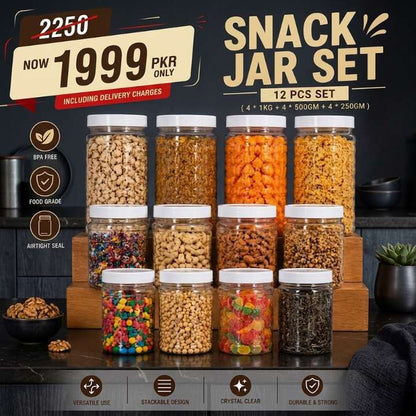 Snack Jar Set 12 Pcs | Airtight BPA Free Food Storage Containers | Stackable Kitchen Organizer Jars