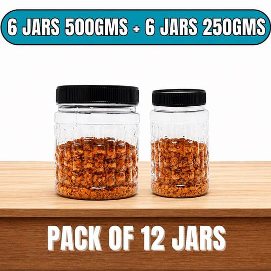 Two jars with black lids on a wooden surface, containing a product, with text indicating a pack of 12 jars.