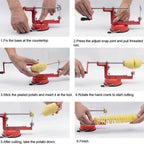 Manual rotating spiral potato cutter and slicer, stainless steel tool creating curly fries and twisted tornado chips