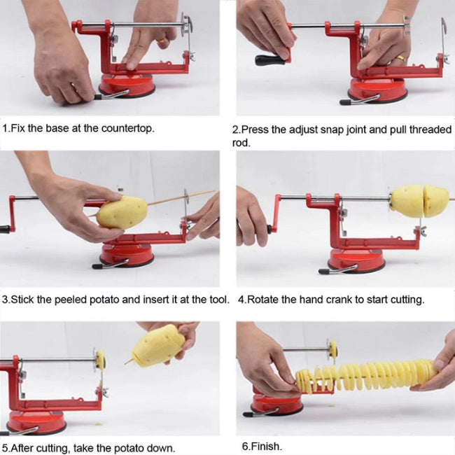 Manual rotating spiral potato cutter and slicer, stainless steel tool creating curly fries and twisted tornado chips