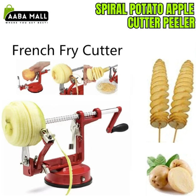 Manual rotating spiral potato cutter and slicer, stainless steel tool creating curly fries and twisted tornado chips