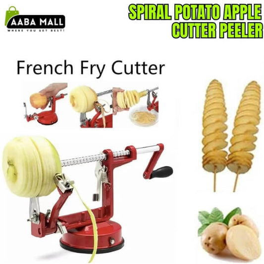Spiral potato apple cutter peeler with images of usage and output on a white background.
