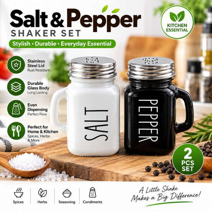 Salt and Pepper Shaker Set | Glass Black & White Spice Dispensers with Stainless Steel Lid | Cute Vintage Kitchen Condiment Shakers