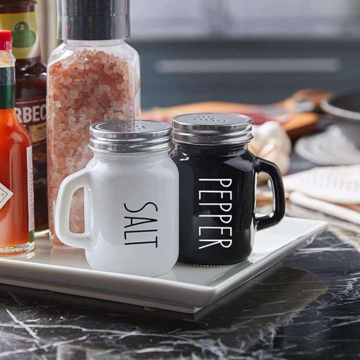 Salt and Pepper Shaker Set | Glass Black & White Spice Dispensers with Stainless Steel Lid | Cute Vintage Kitchen Condiment Shakers