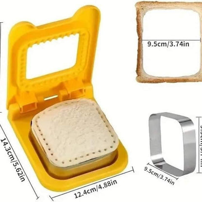 Yellow square cookie cutter with dimensions and a metal ring for comparison on a white background