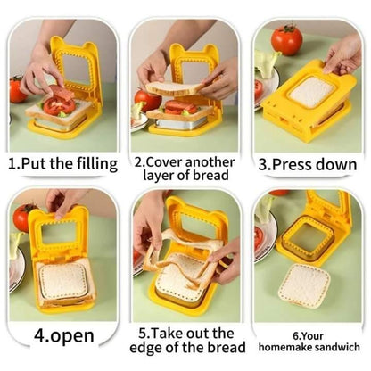 Step-by-step guide on making a sandwich using a yellow sandwich maker.