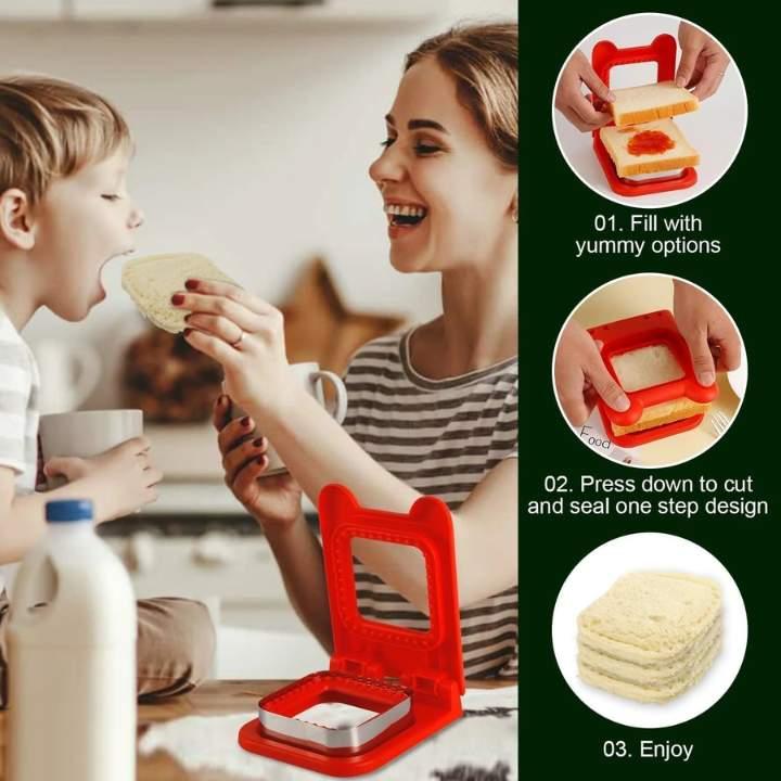 Woman and child using a red sandwich maker with step-by-step instructions on how to use it.