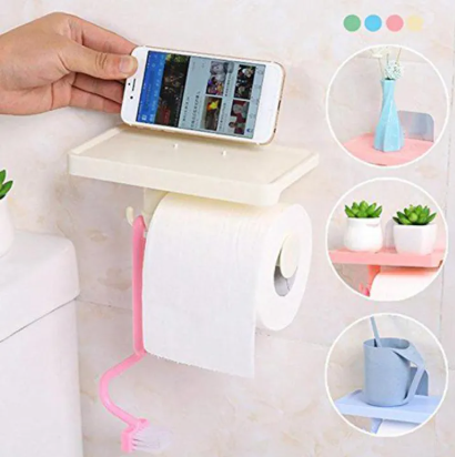 Multi-Functional Tissue Roll Holder – Toilet Paper Holder with Key & Mobile Storage | Pot Shelf Rack, Random Color