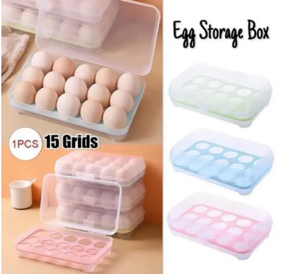 Egg Holder for Refrigerator – 15 Egg Tray Carrier with Lid | Stackable Plastic Egg Storage Container | Deviled Egg Tray