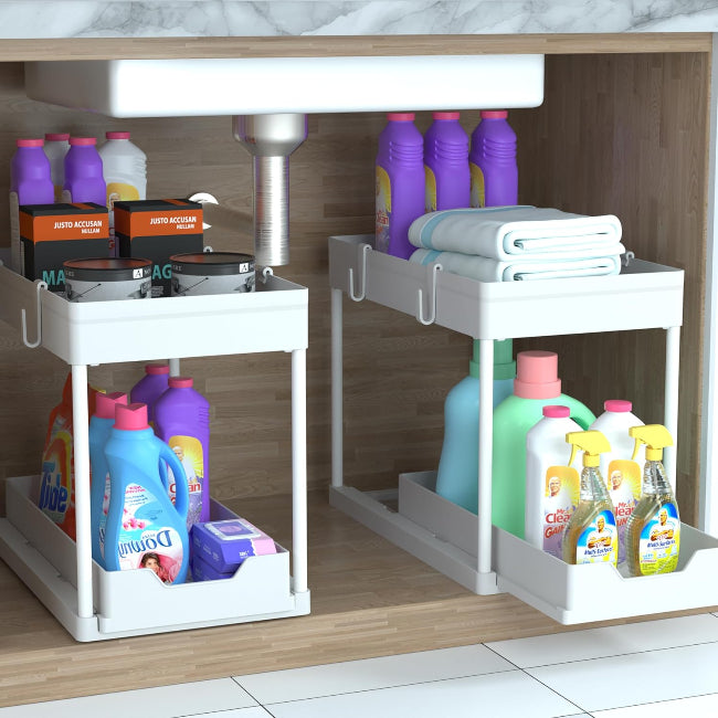 Sliding 2-Tier Cabinet Organizer, pull-out metal storage drawer for kitchen under sink area