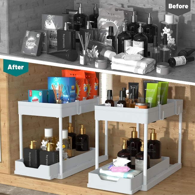 Sliding 2-Tier Cabinet Organizer, pull-out metal storage drawer for kitchen under sink area