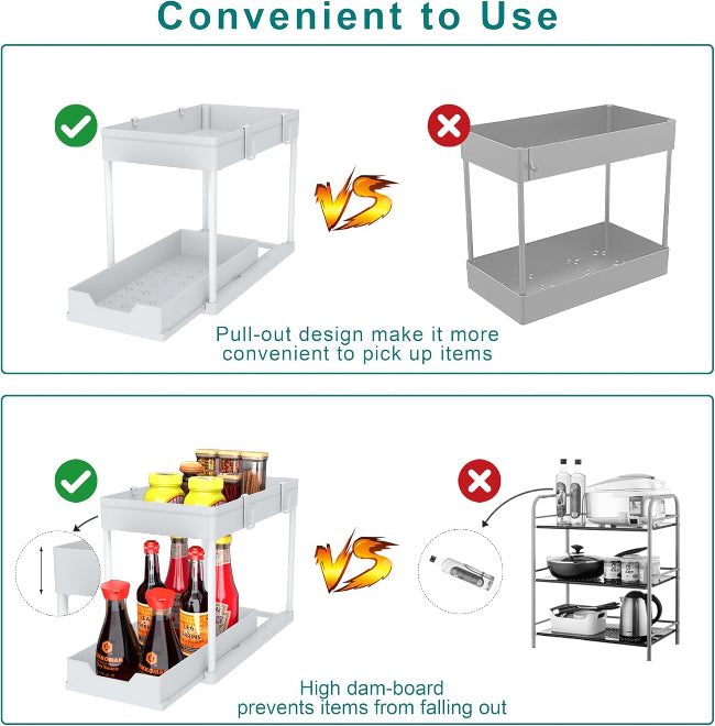 Sliding 2-Tier Cabinet Organizer, pull-out metal storage drawer for kitchen under sink area