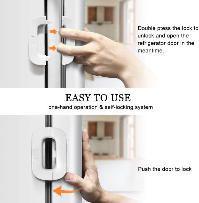 Hand using a refrigerator door lock with text instructions on how to operate it.