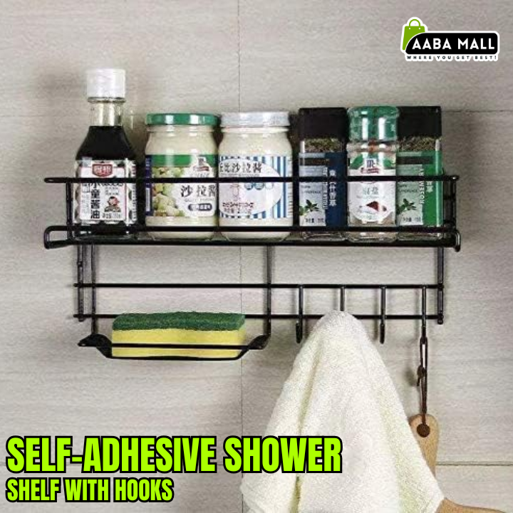 shower shelf, bathroom organizer, stainless steel shower rack, adhesive shower caddy, soap holder with hooks, rustproof shower shelf, bathroom storage rack, wall mounted caddy