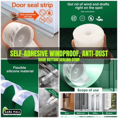 Collage of a self-adhesive windproof, anti-dust door bottom sealing strip with text and images.