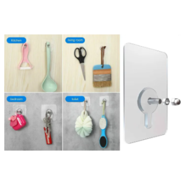 Transparent self-adhesive double wall hook