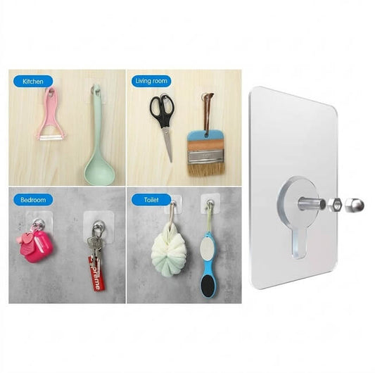 Wall-mounted hooks with various items in different rooms on a white background