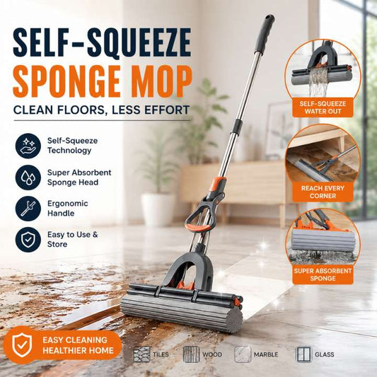 Self-squeeze sponge mop with features highlighted on a blurred indoor background