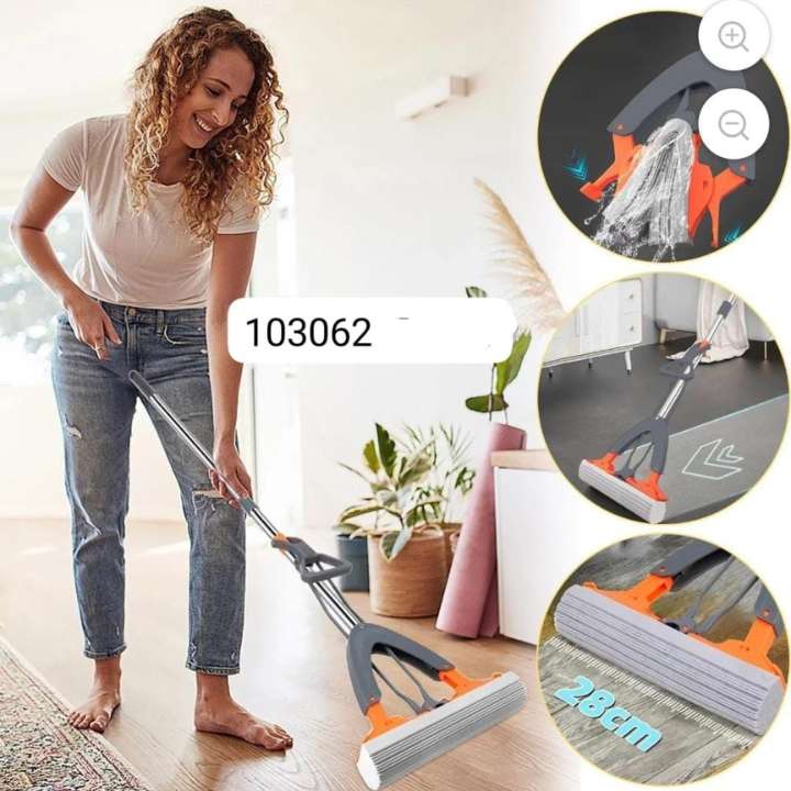 Woman using a cleaning tool with close-up insets on a wooden floor.