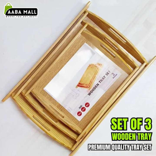 Set of 3 wooden trays with a product card on a white background, branded as Aaba Mall.