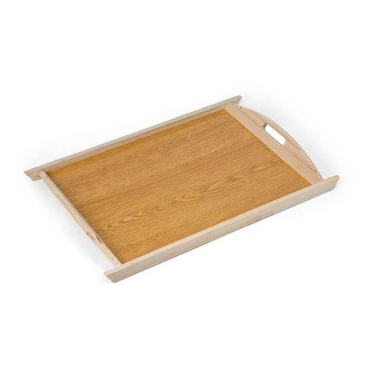 Wooden tray with a handle on a white background