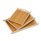Set of three wooden trays with handles on a white background
