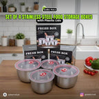 Set of 4 stainless steel food storage boxes with plastic lids on a kitchen counter, with AABA MALL branding.