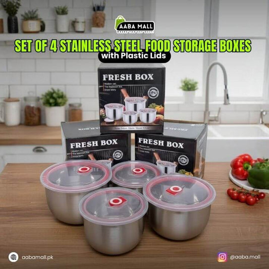 Set of 4 stainless steel food storage boxes with plastic lids on a kitchen counter, with AABA MALL branding.