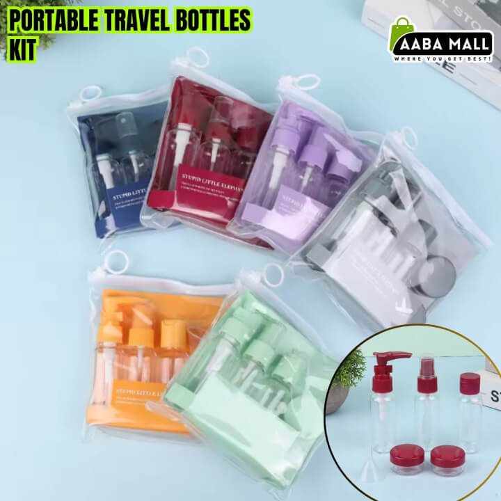 Portable travel bottles kit with various colored bottles on a light blue background, featuring AABA MALL branding.