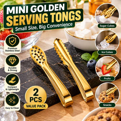 Set of 2 Mini Golden Serving Tongs | Premium Stainless Steel Gold Serving Tongs | Multipurpose Mini Food Tongs for Sugar Cubes, Ice, Snacks, Desserts & Kitchen Serving Accessories