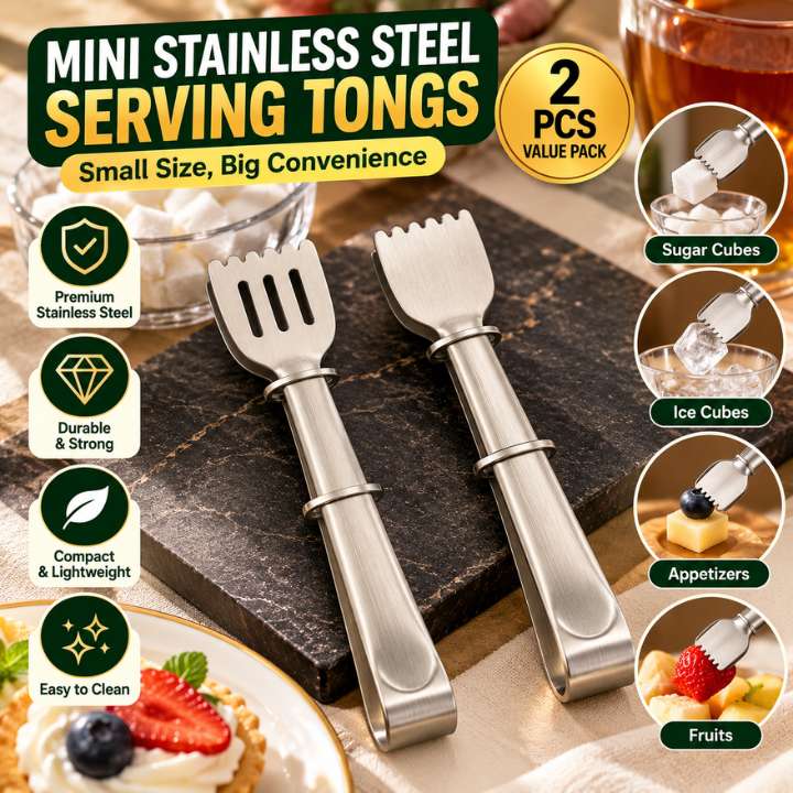 Set of 2 Mini Stainless Steel Serving Tongs | Food Serving Tongs for Ice Cubes, Sugar Cubes, Snacks, Desserts, Buffet & Kitchen Use