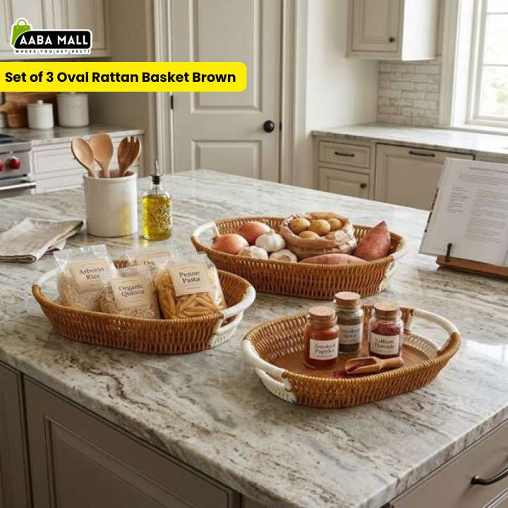 Set of 3 oval rattan baskets on a kitchen counter with Aaba Mall branding.