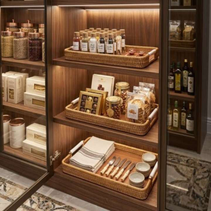 Wooden pantry with shelves stocked with food items and kitchenware.