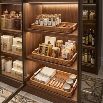 Wooden pantry with shelves stocked with food items and kitchenware.