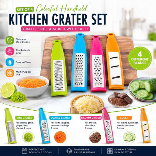 Set of 4 colorful handheld kitchen graters with features and uses displayed.