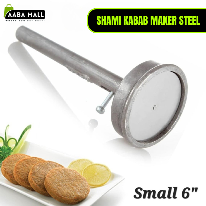 Shami kabab maker steel tool with a plate of kababs and lemon slices on a white background.