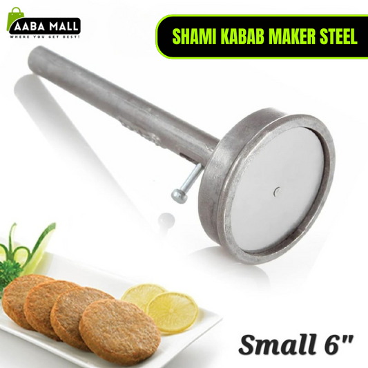Shami kabab maker steel tool with a plate of kababs and lemon slices on a white background.