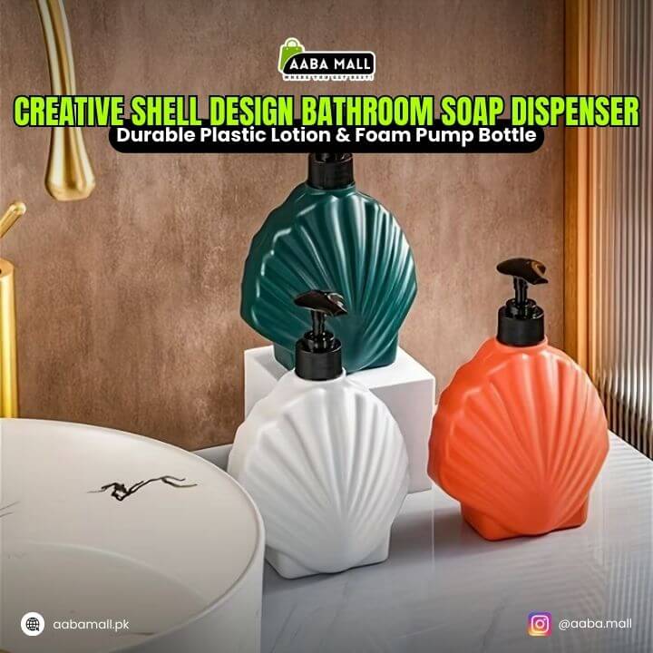Shell-shaped bathroom soap dispensers in green, white, and orange on a bathroom counter with AABA MALL branding.