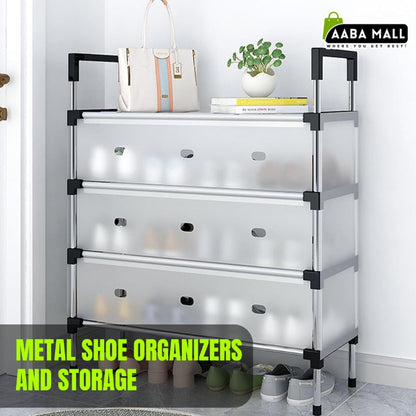 5-tier black metal shoe rack organizer, shown fully assembled and holding ten pairs of various shoes (sneakers, sandals, boots) in a small entryway.