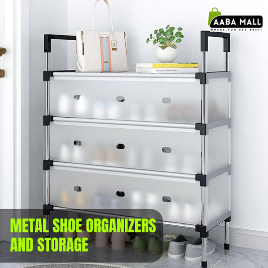 5-tier black metal shoe rack organizer, shown fully assembled and holding ten pairs of various shoes (sneakers, sandals, boots) in a small entryway.